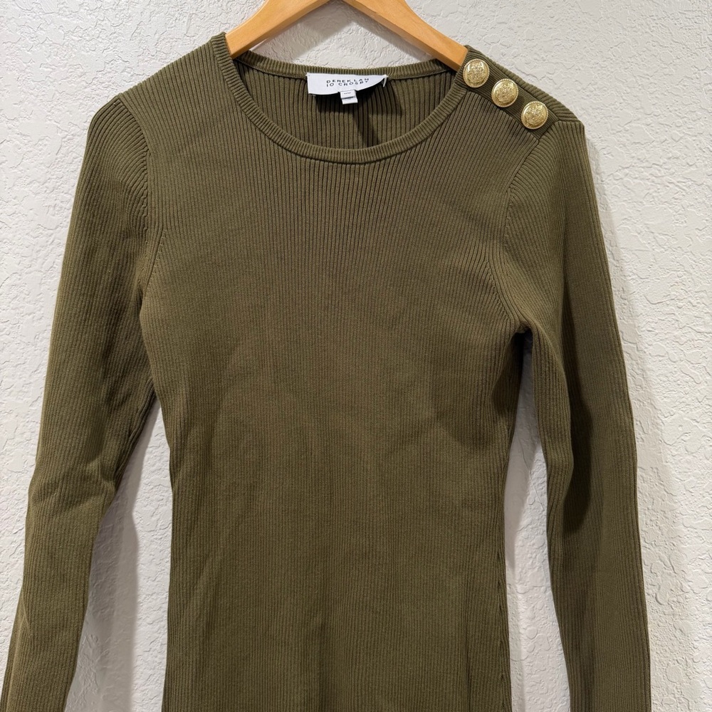 DEREK LAM 10 CROSBY Vanessa Ribbed Knit Flounce Dress In Olive Size Medium - Picture 13 of 15